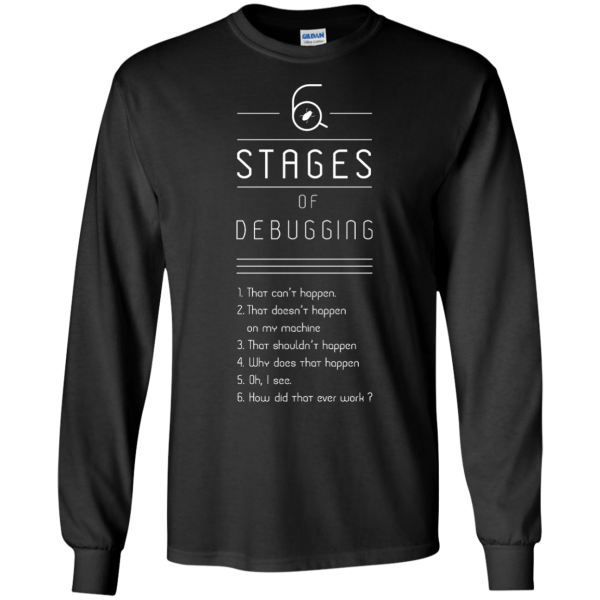 6 stages of debugging - Programming Tshirt, Hoodie, Longsleeve, Caps, Case - Tee++