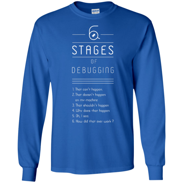 6 stages of debugging - Programming Tshirt, Hoodie, Longsleeve, Caps, Case - Tee++